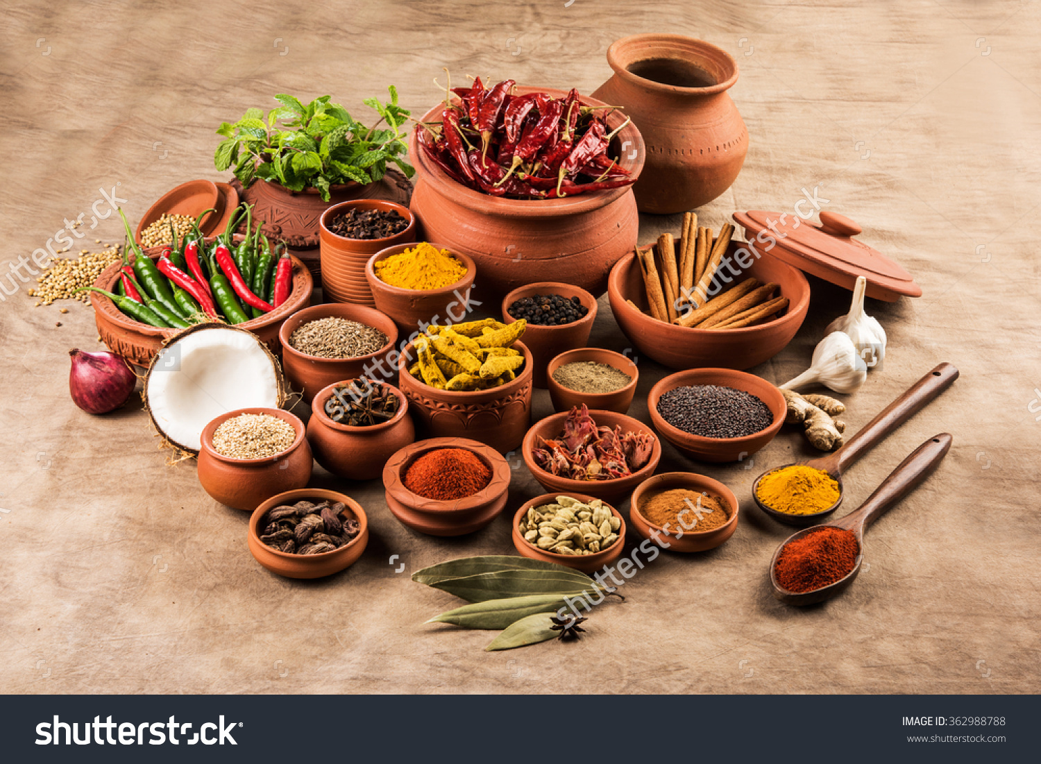 stockphotoindianspicesinterracottapotsindiancolourfulspices